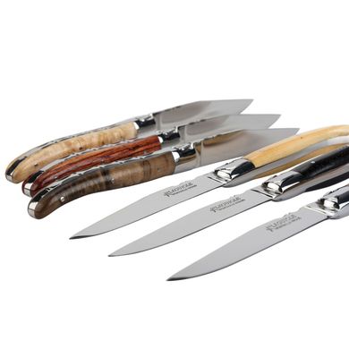 Набор из 6 ножей для стейка ручной работы Laguiole с ручками разных пород дерева в деревяной коробке