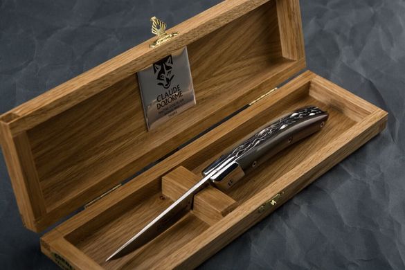 Карманный нож Thiers RLT дамасское лезвие, ручка из светлого рога в дубовой коробке