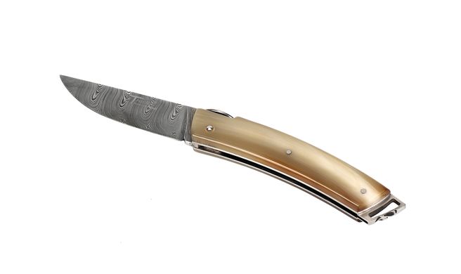 Нож со складным лезвием Le Thiers "Gentleman" ручной работы, светлый рог, дамаская сталь